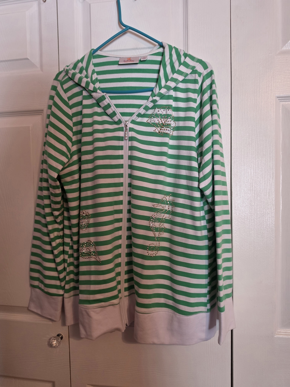 Quacker Factory Green and White Bling Beachy Striped Hooded Zip Jacket